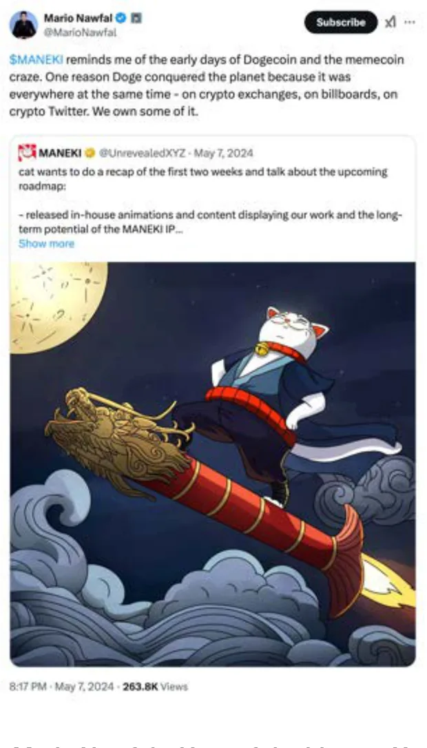 Post by Mario Nawfal (@MarioNawfal) comparing MANEKI to early Dogecoin, 263.8K views
