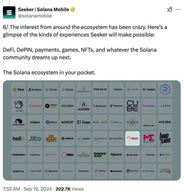 Post by Seeker | Solana Mobile (@solanamobile) showing the ecosystem grid, 202.7K views